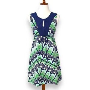 Miss Sixty Green & Blue Sleeveless Keyhole Neck Chevron Print Shift Dress Size 4